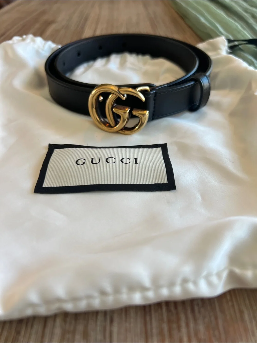 Gucci Marmont Thin Band Black Leather Belt w/ Gold GG Buckle